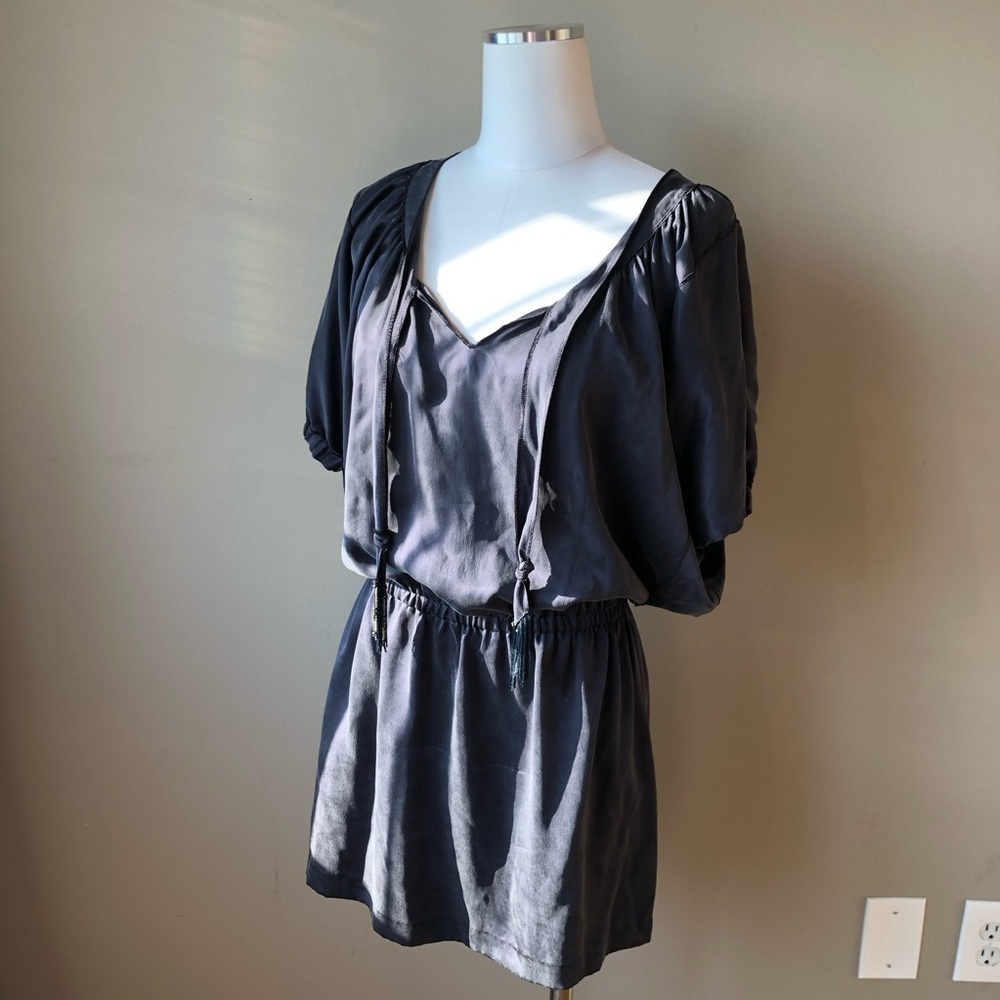 Rebecca Taylor Gray 100% Silk Dolman Sleeve Fringe Front Tie Boho Mini Dress 4